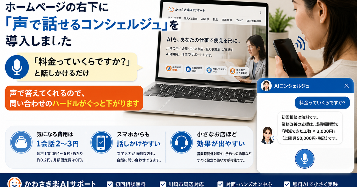 ホームページに「音声で話せるAIコンシェルジュ」を導入した方法と費用|1会話2〜3円の実録