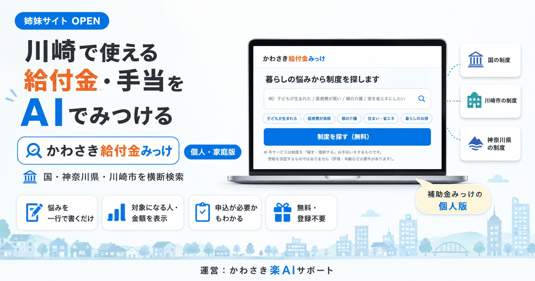 給付金・手当AI検索「かわさき給付金みっけ」