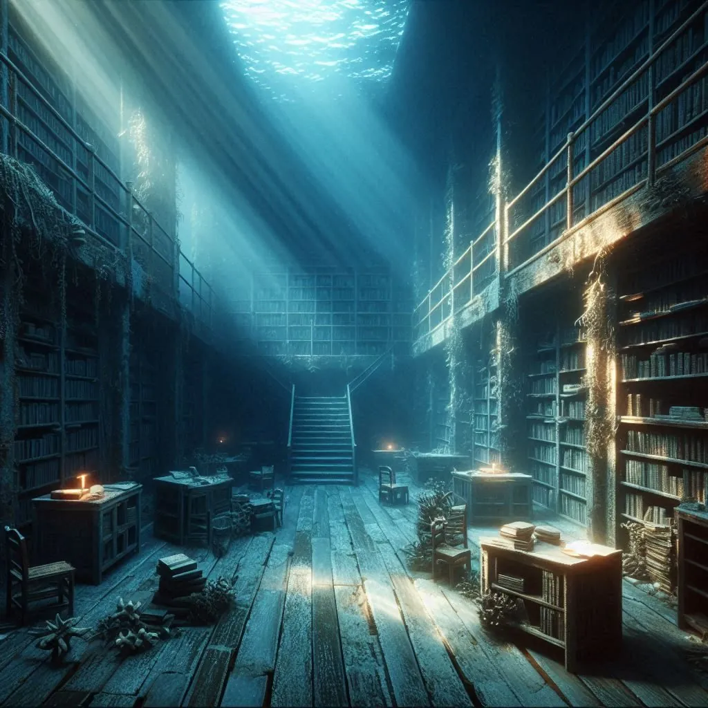 誰もいない、海の底の図書館をイメージしたAI生成画像